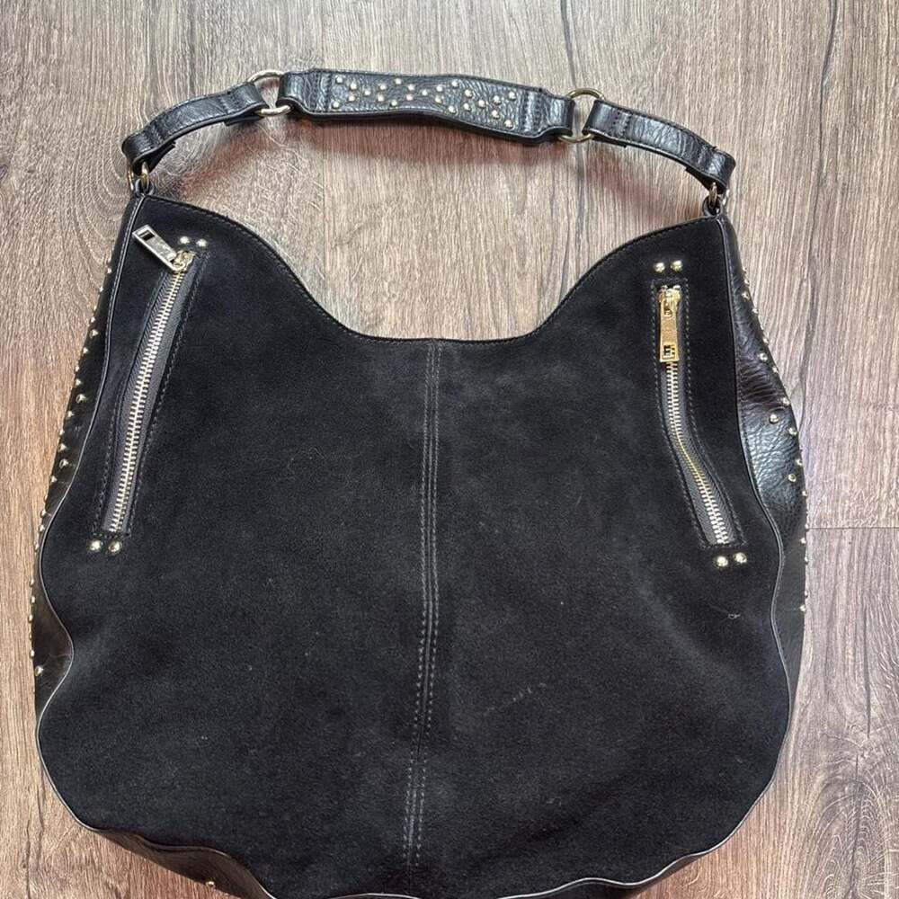 I-N-C Black Suede and Leather Studded Hobo Bag